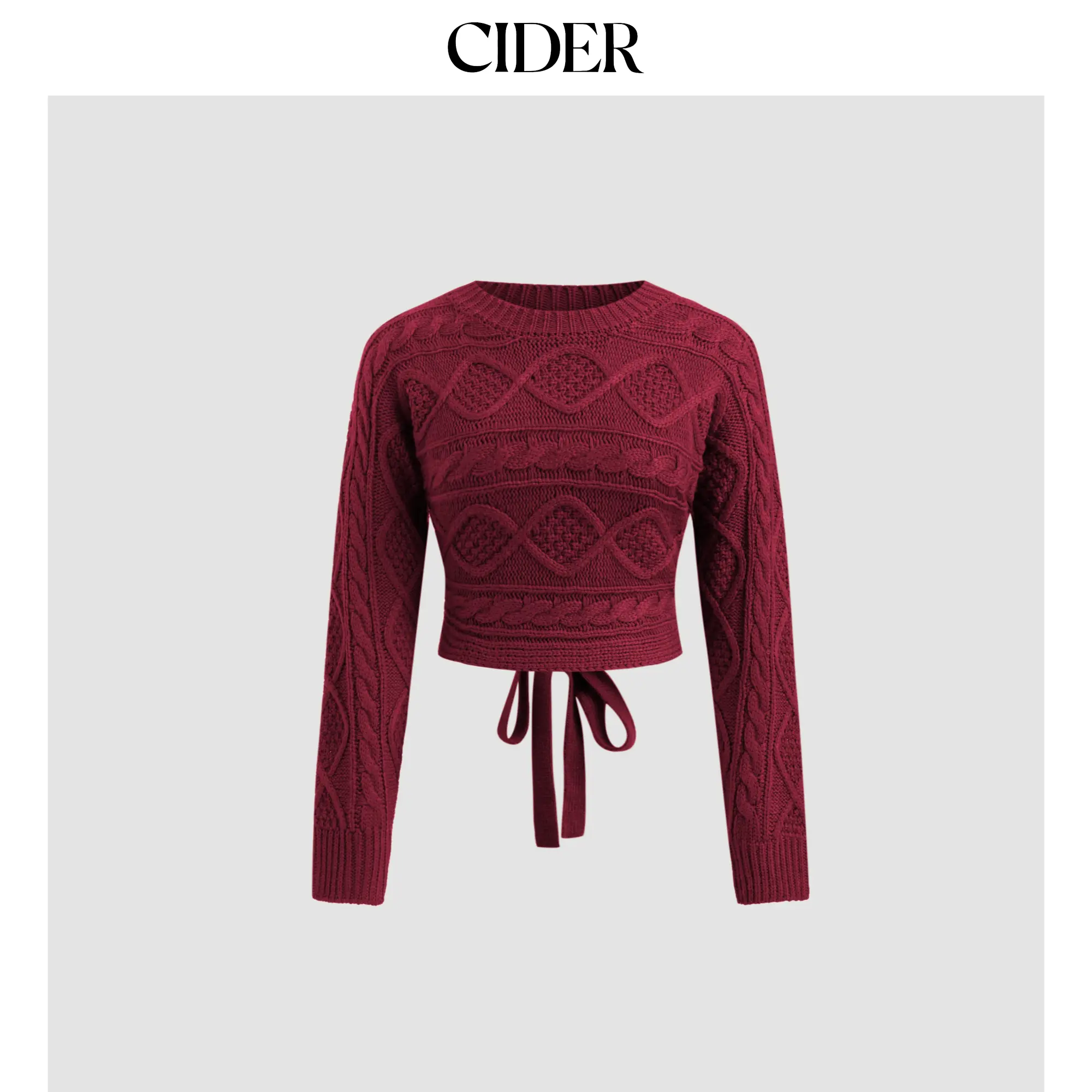 Cider [4 colors, size 0-10] Cable Knit Round Neckline Cut Out Knotted Long Sleeve Top