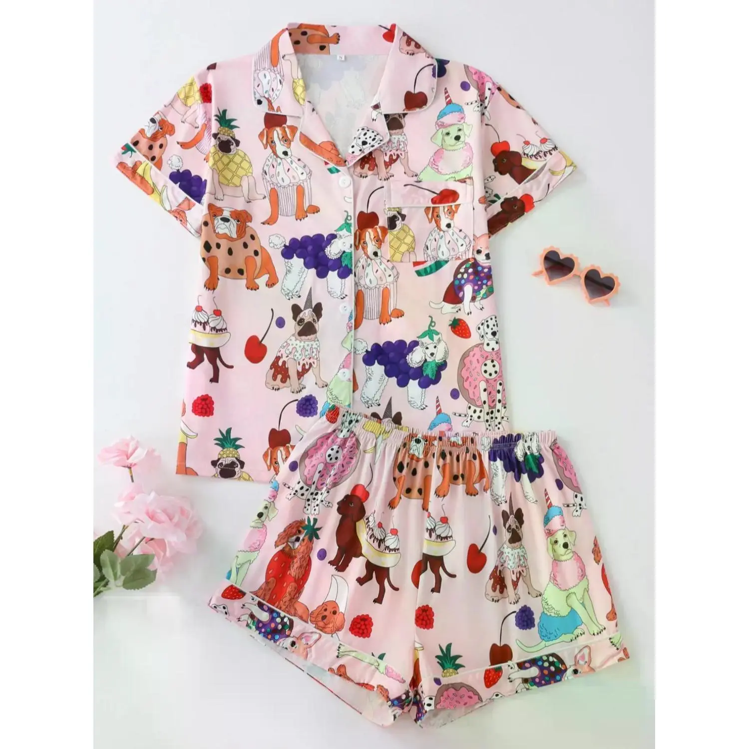 Women's Cartoon Print Short Sleeve Shirt & Elastic Waist Shorts Pajama Set, Cozy Casual Sleepwear for Summer, Ladies Comfy Loungewear, Cartoon Pattern Sleep Set