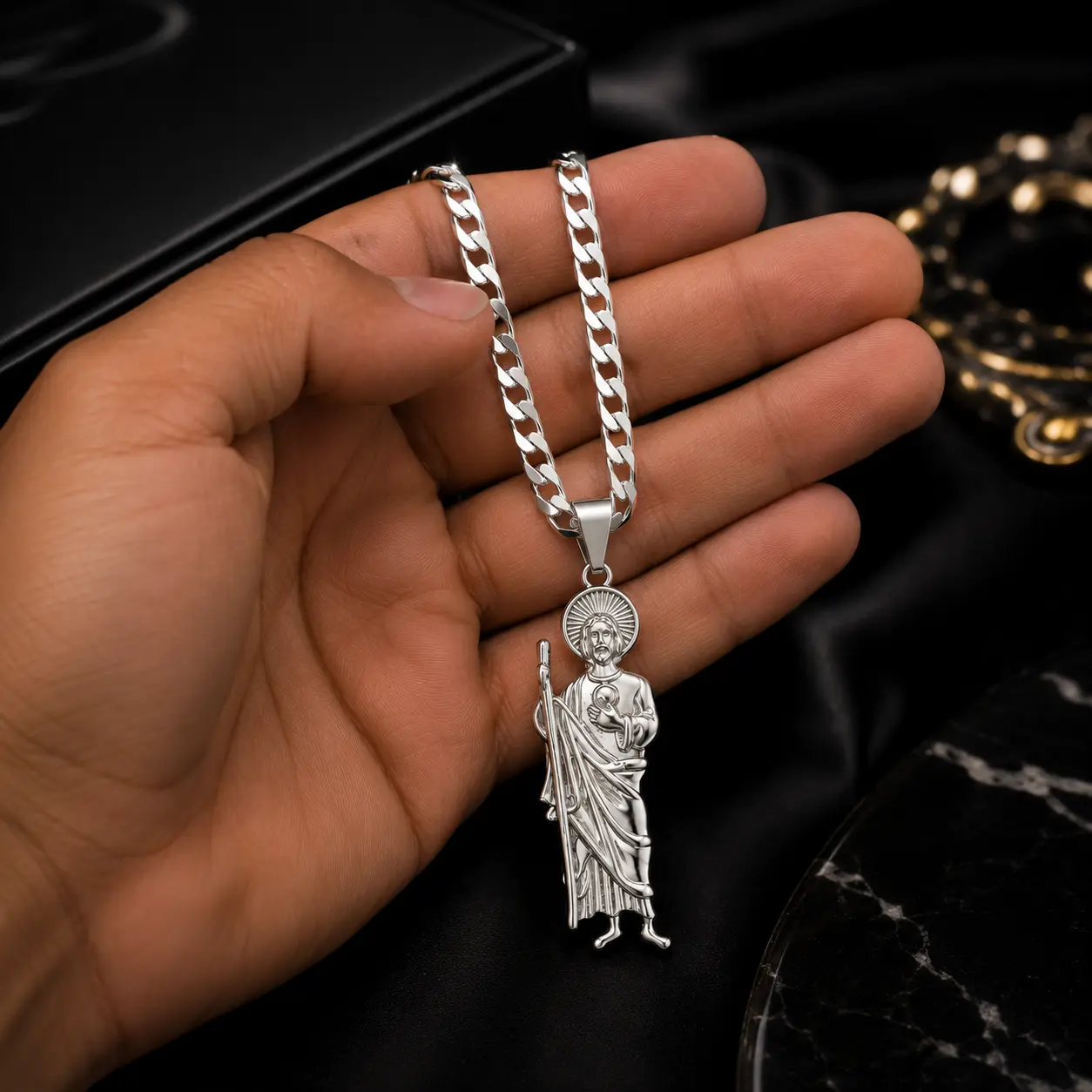 S925 Saint Jude Pendant Necklace Set with Flat Cuban Chain 4MM 24” Silver Plated