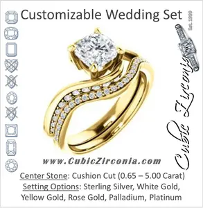 CZ Wedding Set, featuring The Nicola engagement ring (Customizable Cushion Cut Style with Twisting Bypass Band featuring Inset Pavé Accents)