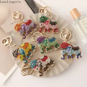 Women's Lune Bohemian Rhinestone Elephant Keychain, Enamel-Inlaid Lucky Gold-Tone Bag Charm Key Ring, Multiple Colors Available