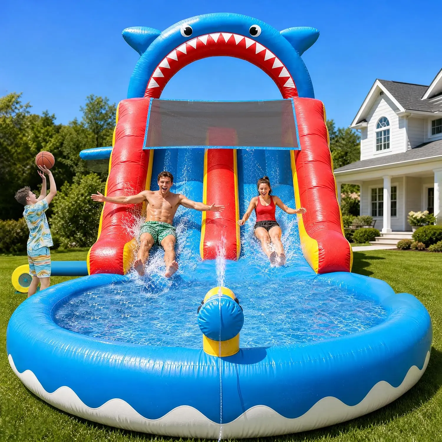 Inflatable Water Slide Commercial Grade: Water Bounce House for Adults and Teenagers - Big Pool, Premium PVC, Wet & Dry, Blower Included - for Backyard Outdoor Birthday Party, Shark Style