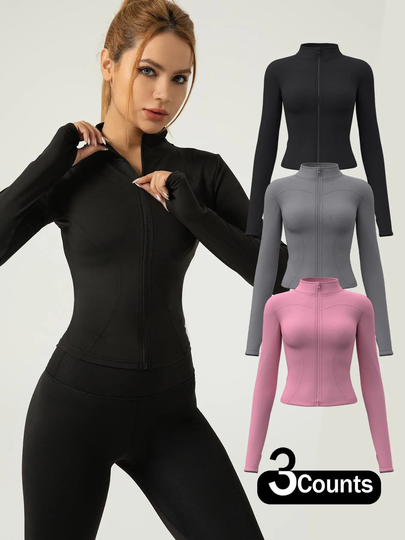 Women's Solid Thumb Hole Design Zip Up Sports Jacket, Breathable Long Sleeve Zip Front Outerwear for Gym Workout Running, Ladies Sportswear for All Seasons