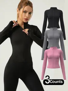 Women's Solid Thumb Hole Design Zip Up Sports Jacket, Breathable Long Sleeve Zip Front Outerwear for Gym Workout Running, Ladies Sportswear for All Seasons