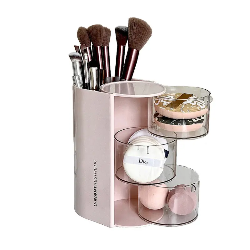 360° Rotating Makeup Storage Box with Transparent Drawers and Brush Holder - Automatic Rotating Acrylic Clear Makeup Organizer, Large Capacity Skincare Organizer with Compartments