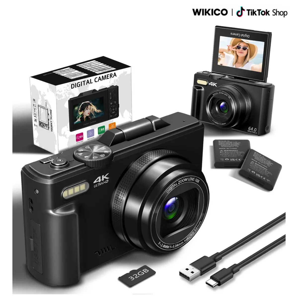 Summerwins Wireless Autofocus WiFi Enabled Vlogging Digital Camera - 4K Photography/Video Device for Beginners, 3" 180° Flip Screen, 18X Zoom, Compact Retro Design, 32GB Micro SD Card, 2 Batteries, USB, MP4 Support, MicroSD Slot, Ideal Holiday Gift