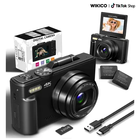 Summerwins Wireless Autofocus WiFi Vlog Camera - 4K Point & Shoot Digital Camera for Beginners, 3-inch 180° Flip Screen, 18X Zoom, Compact Retro Design, 32GB Micro SD Card, 2 Batteries, USB, MP4 Support, MicroSD Slot, 5V, Ideal Holiday Gift