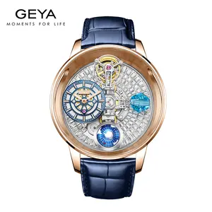GEYA Astronomy Tourbillon Mechanical Watch G78201-Round Dial Analog,Cowhide Watch Strap,Waterproof,Stainless Steel Material