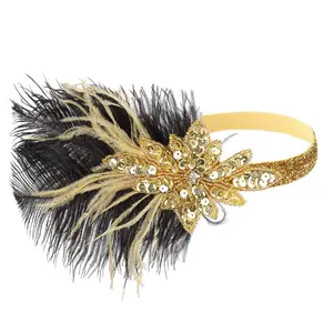 HY-HDW012 1920s Flapper Headband Ostrich Feathers Headpiece Roaring 20s Sequins Headband Great Gatsby Hair Accessories for Women