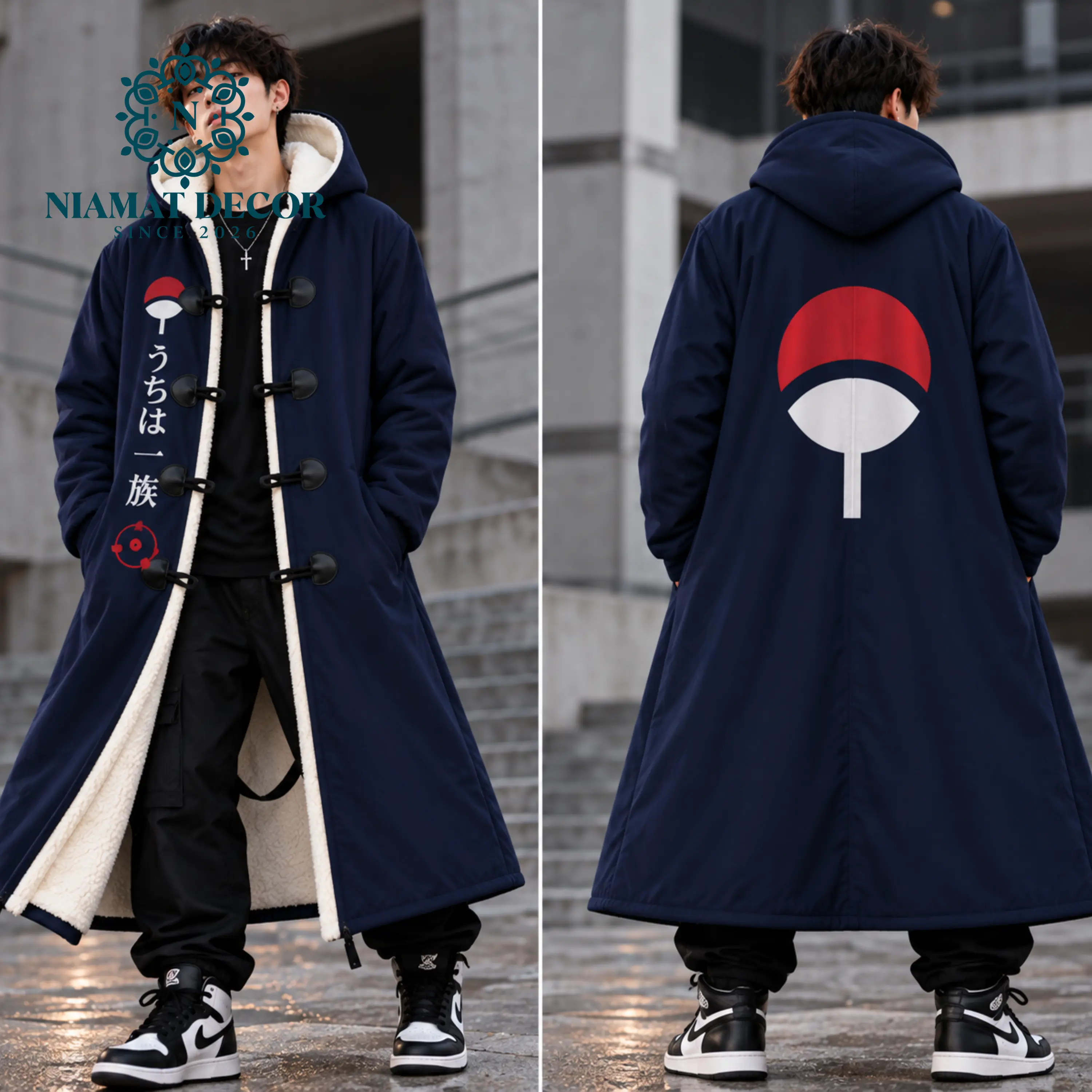 Men's Naruto Sasuke Uchiha Inspired Long Hooded Trench Coat, Navy Blue Uchiha Clan Red White Fan Graphic Cloak with Soft Fleece Lining, Unisex Anime Cosplay Jacket, Toggle Button Closure, Oversized Japanese Streetwear Winter Coat