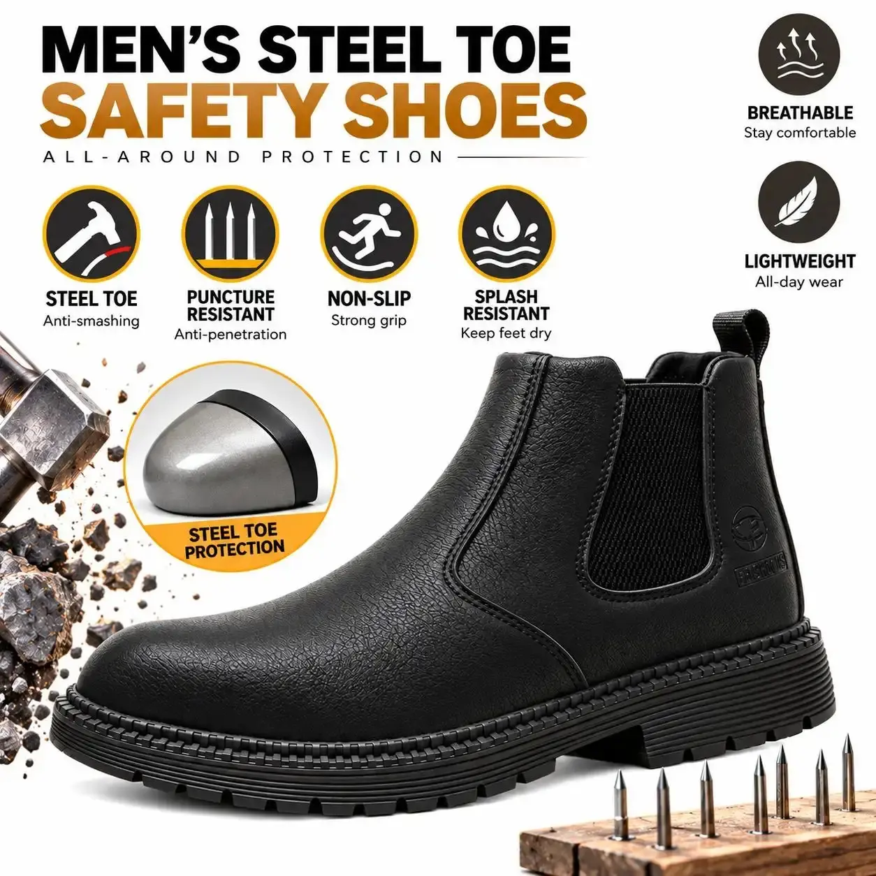 Sporty High-Top Black Steel-Toe Safety Footwear for Men, Full Leather Closed Toe, Impact & Puncture Protection, Slip Resistant Sole, Rugged Work Boots