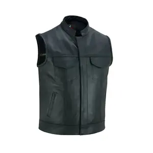 Men’s Cowhide Leather Motorcycle Vest – Black Leather Biker Vest with Collar, Zipper Snap Closure & Concealed Carry Pockets