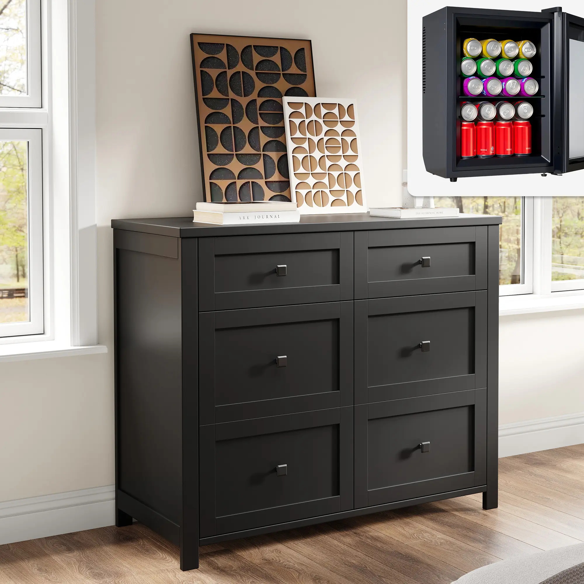 [Ships in 2 Boxes]VanAcc 41'' Wooden Multi-Purpose Dresser with Drawers and Cabinet Storage, Built-in Mini Fridge (Included), 24-Can Beverage Cooler, Living Room TV Stand & Entertainment Center