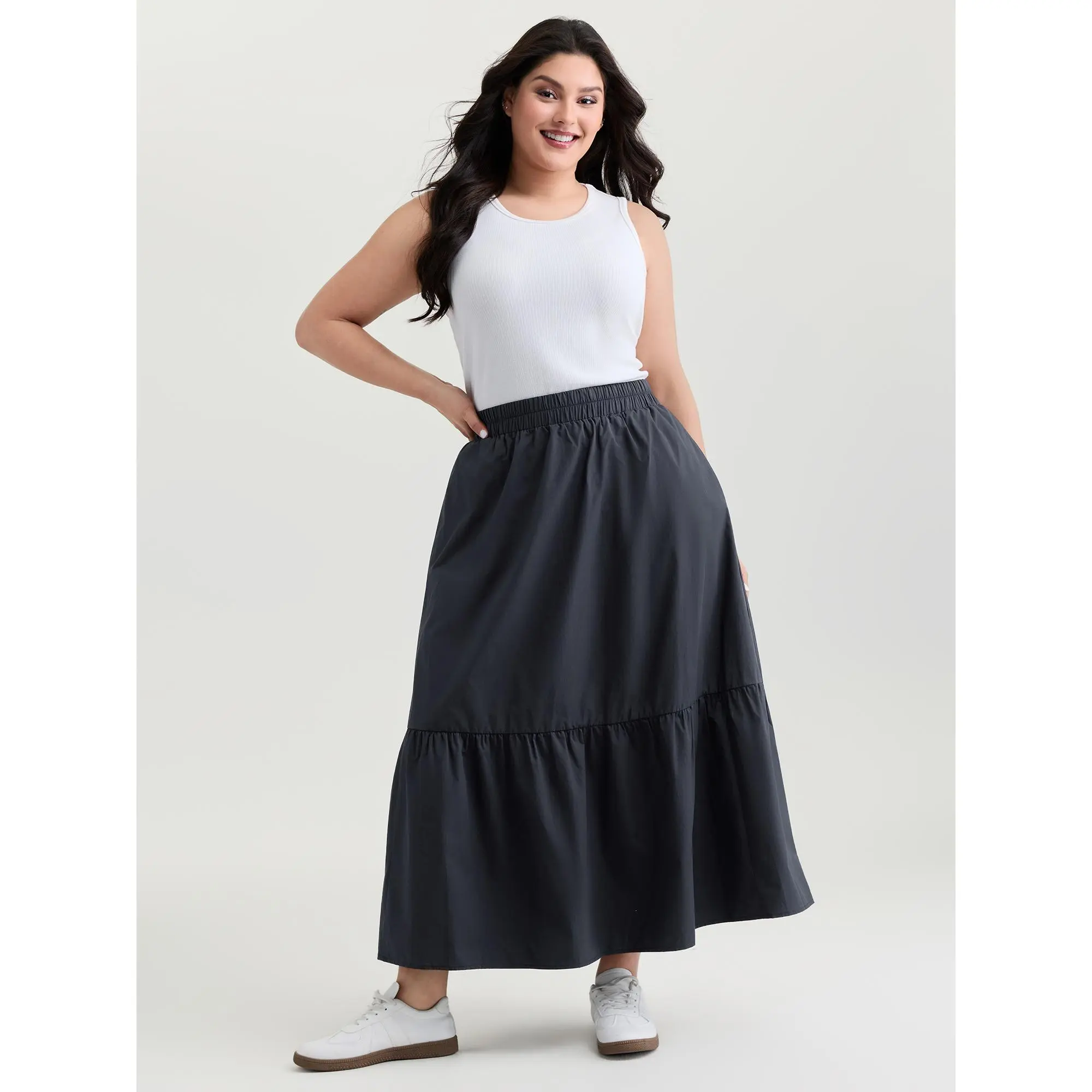 BLOOMCHIC Women's Plus Size Pure Cotton Midnight Tiered Wide-Waistband Maxi Skirt [M-6X] - Smooth Fabric, Pocket Design, Perfect Fit Bottom, 2026 Summer Pick for Mothers Womenswear 2026 Summer Vibes Swimweek summerwins, Garment,