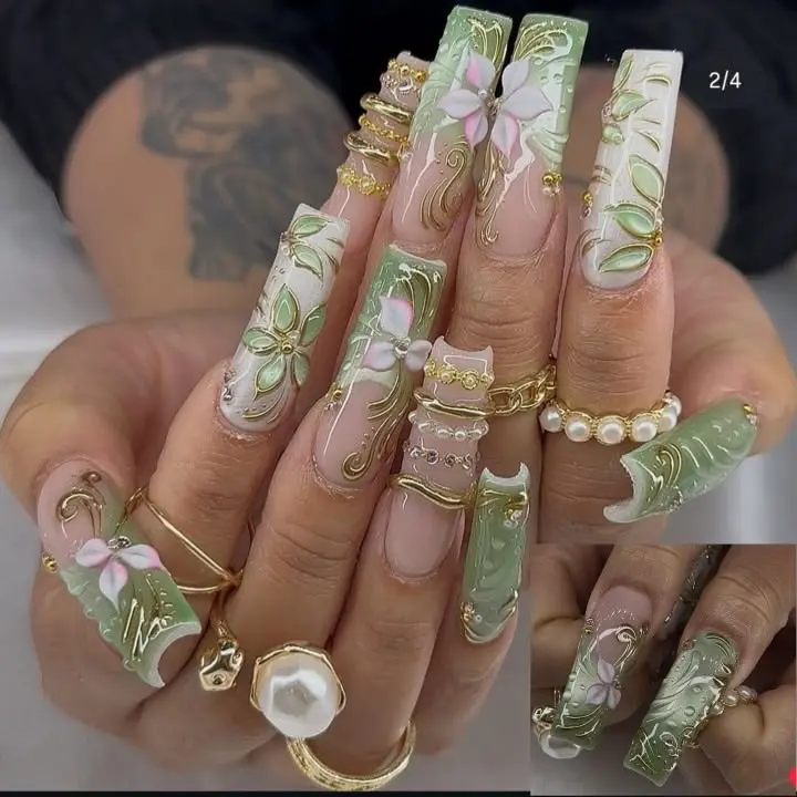[ Summer Glam Sale - Luxury Press On Nails ] Premium Handmade XL Long Square Press On Nails – 3D Floral Gold Chrome Emerald Green Pearl Fake Nails Full Set