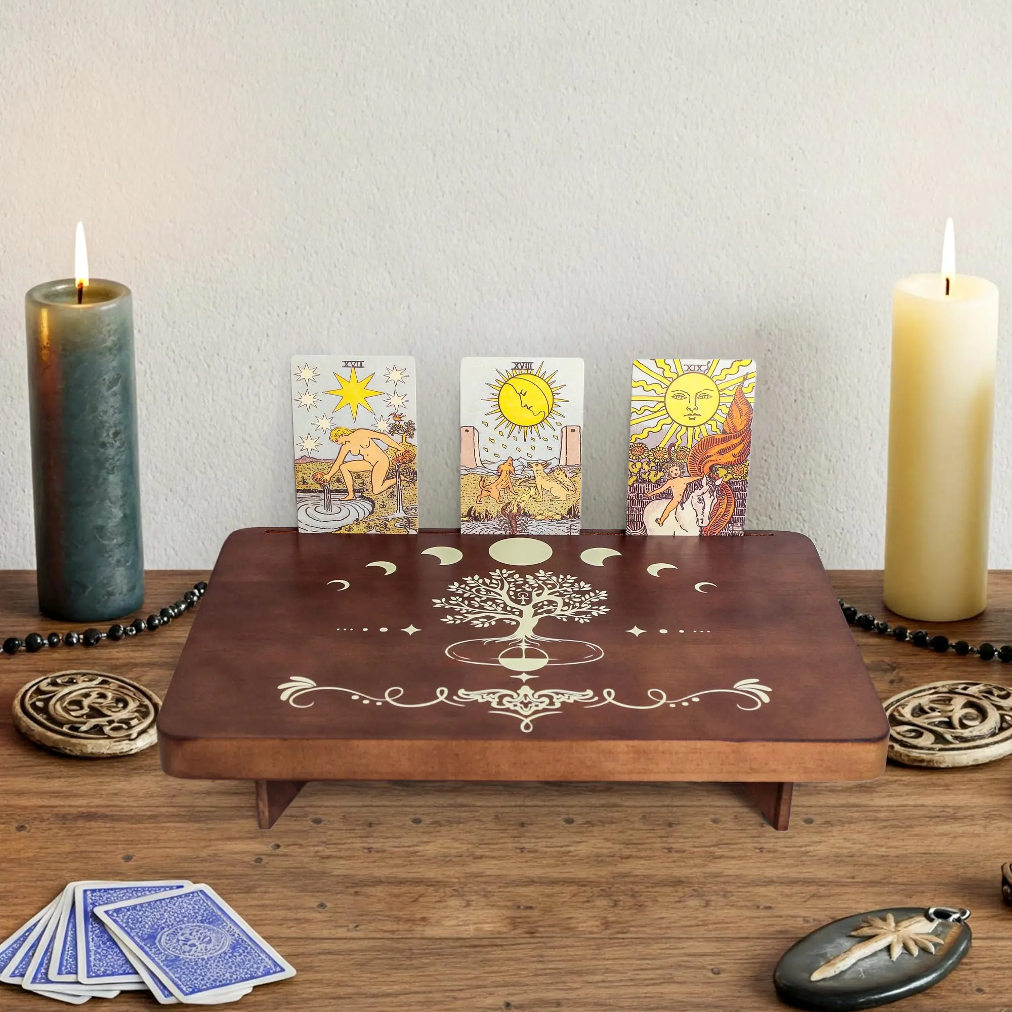 Wiccan Supplies, Witchcraft Decor, Witchy Gift for Women, Tarot Card Holder | Tree of Life Altar Table, Wooden Meditation Table Aesthetic, Witchcraft Supplies Witchy Home Decor, Wiccan Tools, Pagan Altar