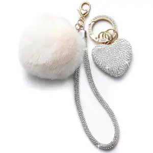 Cute Heart Keychains for Women, Bling Key chain Accessories Girly Wristlet Keychain for Car Keys, Backpack pom pom