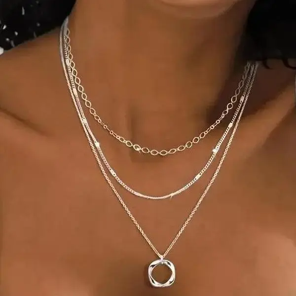 Sterling Silver Layered Necklace - Fashionable circular pendant design, suitable for parties, vacations, and gifting. Timeless Appeal Fine Jewelry Exquisite Jewelry