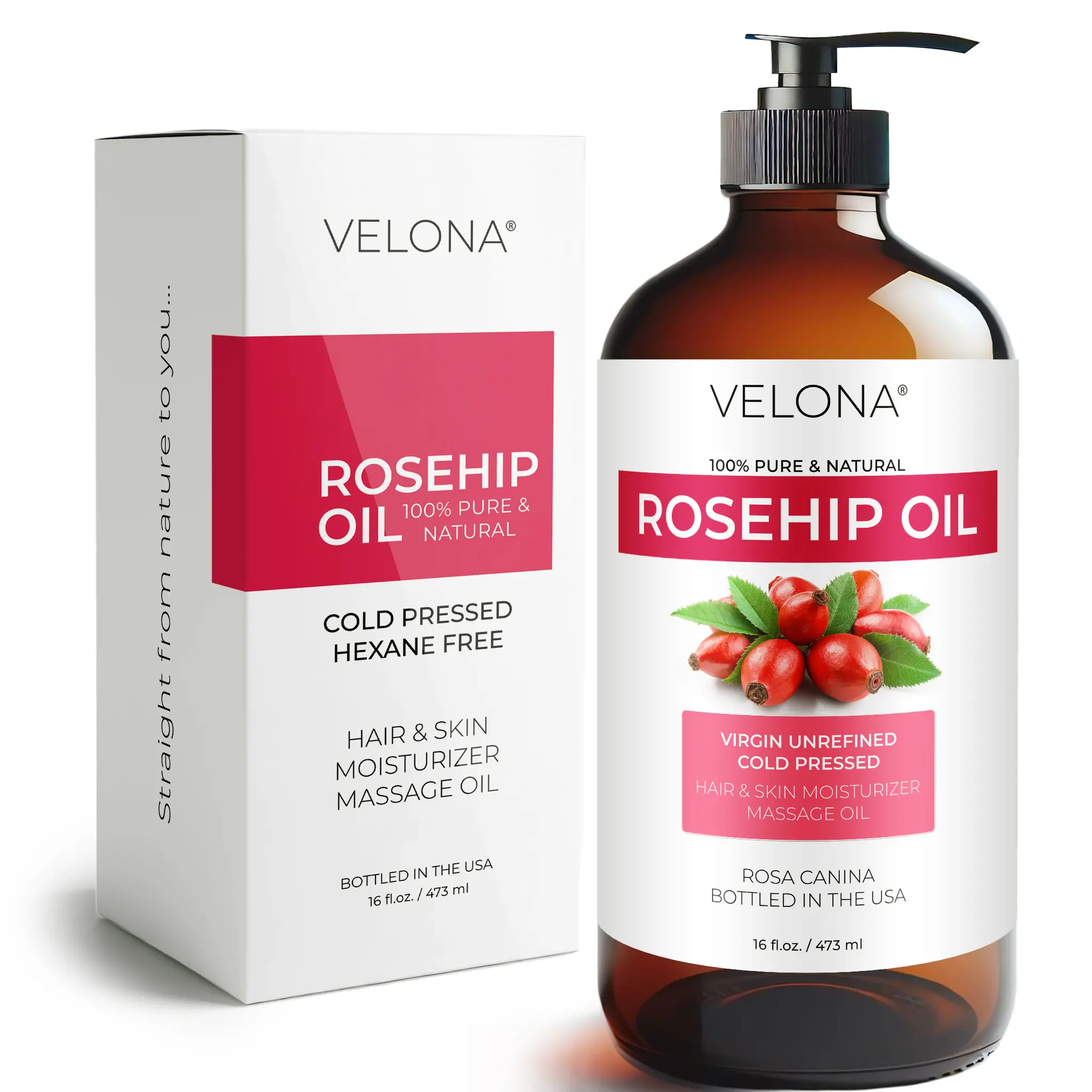 velona Rosehip Oil - 16 Fl Oz in Glass Bottle | 100% Pure and Natural Carrier Oil| Unrefined, Cold Pressed | Moisturizing Face, Hair, Skin, Scars, Stretch Marks