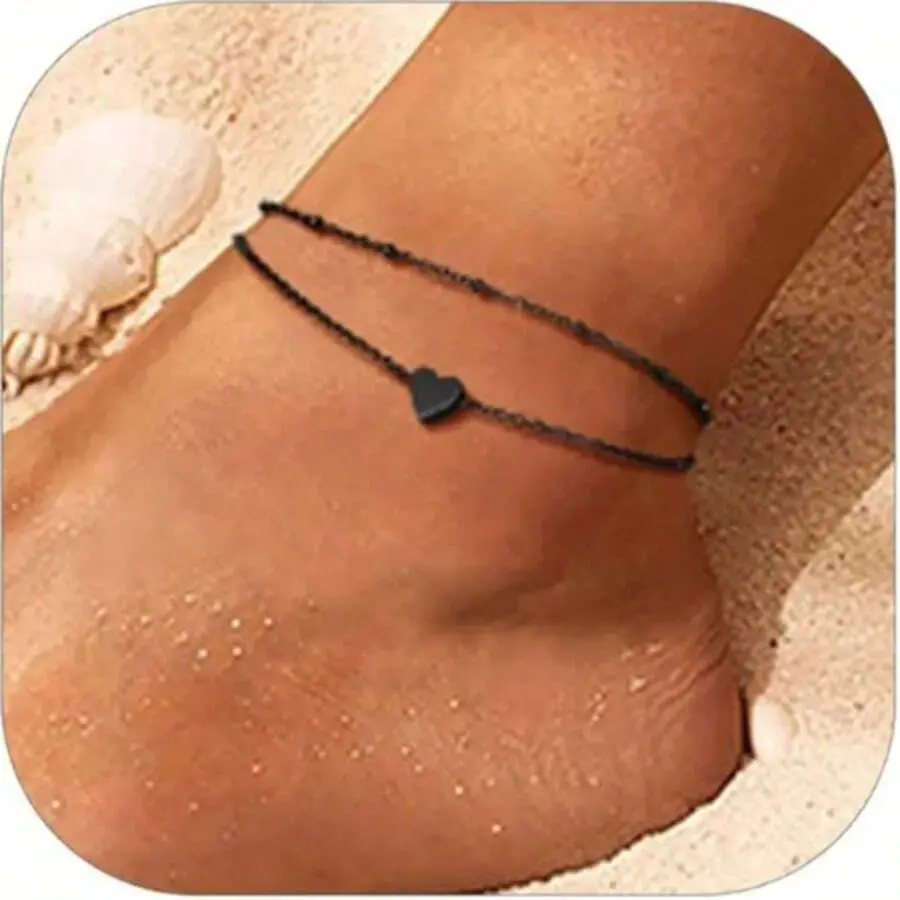Stainless Steel Chain Anklets For Women, Silver// Black ne, Ankle Bracelets Hypoallergenic, 8.5-10.5 Inch Adjustable~