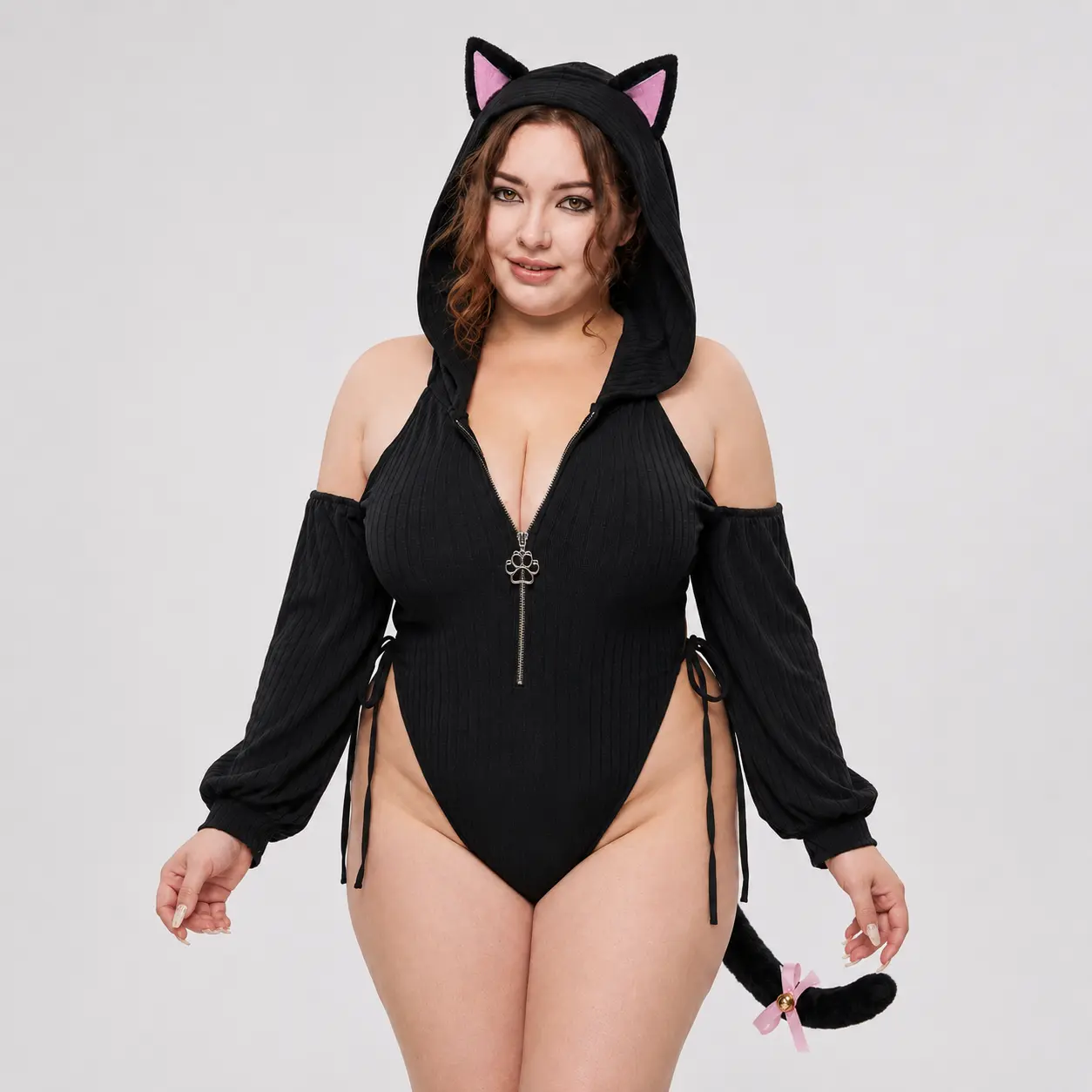 KORURACLUB Women's Cat Hoodie Bodysuit, Off Shoulder Long Sleeve Ribbed Romper with Zipper & Tail, Cute Sexy Y2K Outfit Black