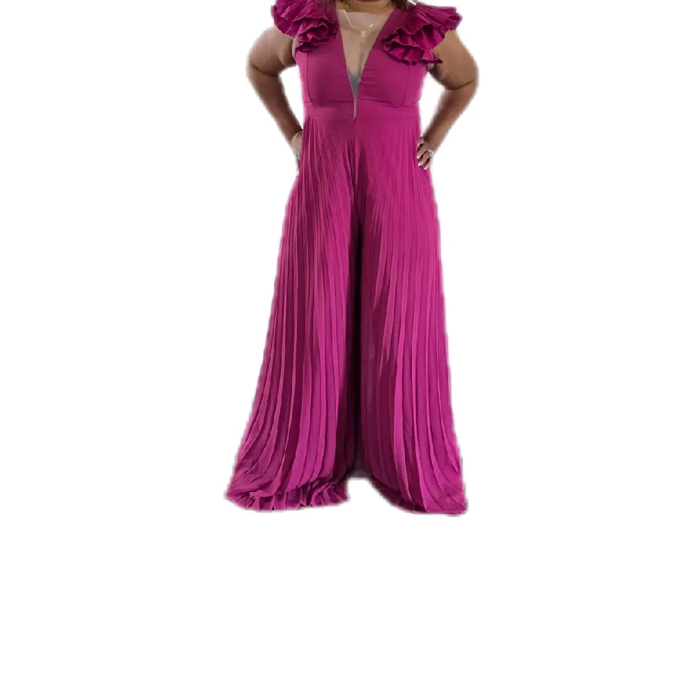 Fuchsia Women's Casual Jumpsuit with Short Sleeve, V-Neck, Wide Leg, Elastic Waistband, 100% Polyester, Slight Stretch, All Seasons - Womenswear, Rompers, Overalls