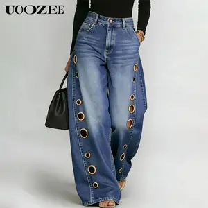 UOOZEE Women's 2026 New High-Waist Buttoned Geometric Hollow Pocket Loose Cotton Denim Trousers - Spring-Summer Casual Wear Everyday Bottoms with Eyelet Cutouts, Fabric Note: Waist Runs Small (Check Size Guide or Order Larger) - Pair with Top, Tank Top, P
