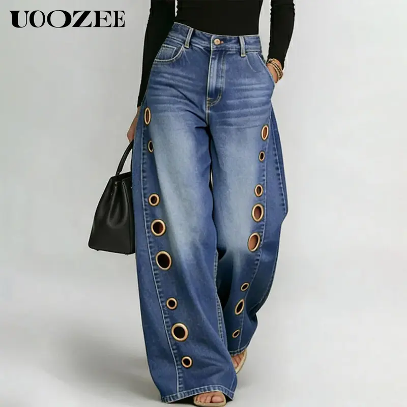 UOOZEE Women's 2026 Fall Vintage Cotton Graphic Eyelet Jeans - High-Waist, Oversized, Loose Wide-Leg, Cropped Bottom for Casual Wear, Festival Looks, Back to School Shopping