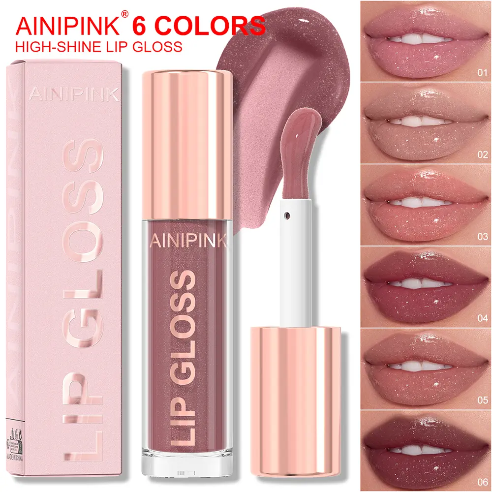 AINIPINK 6 PCS High Shine Glitter Lip Gloss Set, Hydrating Mirror Finish Nude Pink Brown Lip Glaze, Non-Sticky Plumping Shimmery Lip Makeup Kit, Viral TikTok Glossy Lip Cosmetic Gift Set for Women Daily Wear