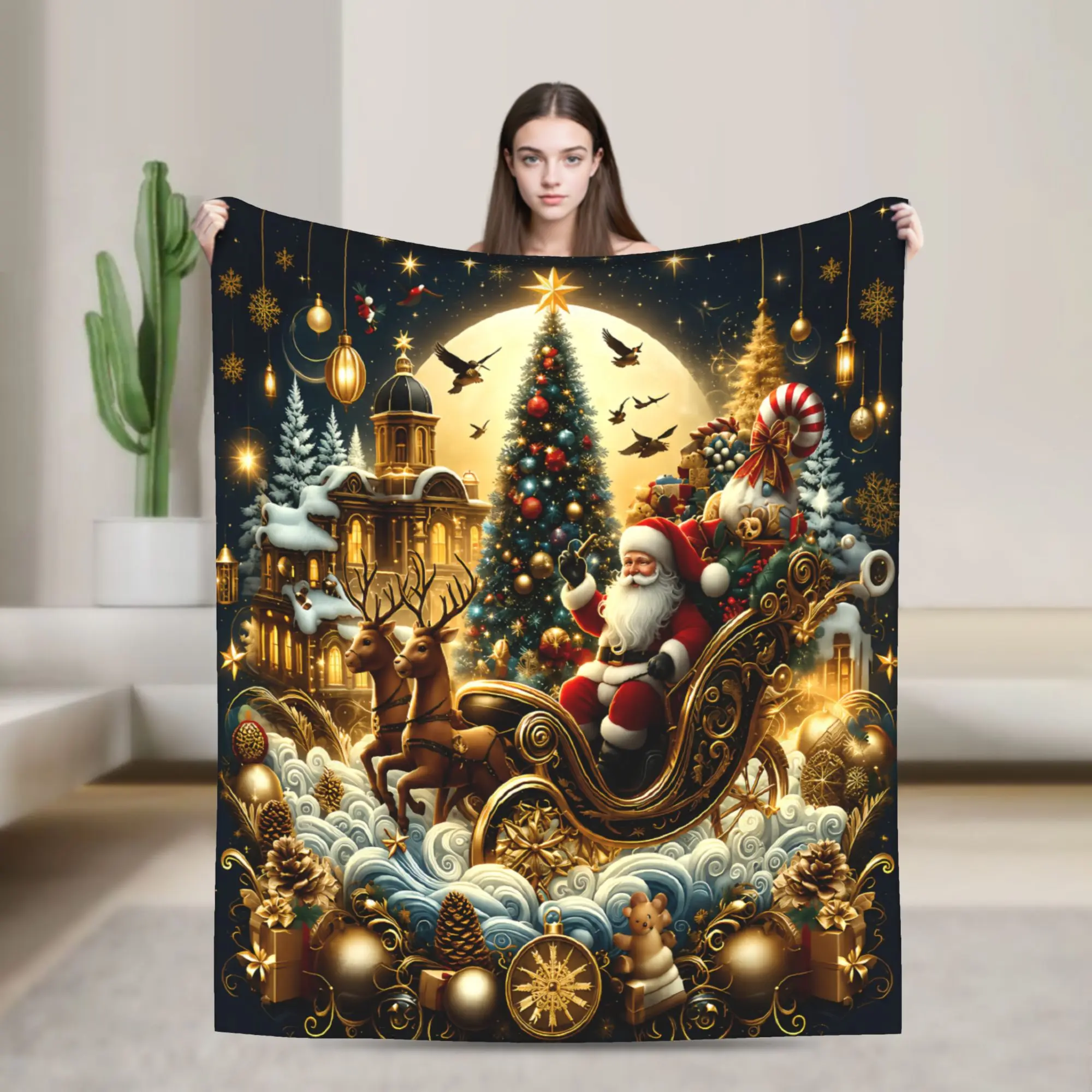 1pc Santa Print Flannel Fleece Blanket - Holiday Santa Claus Reindeer Sleigh Christmas Tree Elements, Glam Look, Soft Warmth, Multipurpose Christmas Seasonal Gift (Textiles & Soft Furnishings Bedding Linens Blankets & Throws), Home Travel