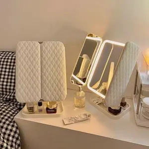 LED Makeup Mirror Desktop with Light Three-Sided Folding Magnifying for Bedroom & Bathroom Vanity Quilted Cover Storage Tray LED Lighting