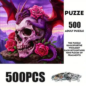 500 Piece Dragon Rose Skull Puzzle, Large Adult Family Interactive Toy, DIY Home Decor Brain Challenge, Holiday Theme, Durable Interlocking Puzzle