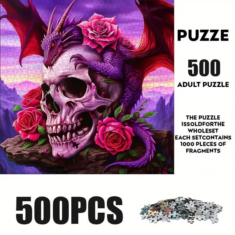 500 Piece Dragon Rose Skull Puzzle, Large Adult Family Interactive Toy, DIY Home Decor Brain Challenge, Holiday Theme, Durable Interlocking Puzzle