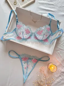 Elegant Floral Lace Lingerie Set for Women - Sexy Sheer Bra & Thong Combo in Vibrant Colors, Soft Polyester Blend, Hand Washable Floral Lace Mesh Lingerie SetBaby Blue Womenswear Piece Matching