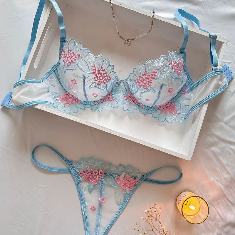 Women's Fitted 2-Piece Pretty Style Vibrant Floral Lace Underwear Set - Sheer Polyester Blend, 3/4 Coverage Bra, Thong, Hollow Cutout, Lightweight, Girly Aesthetic, for Fantasy Wear,Wedding, S Size, Dry Clean Prohibited