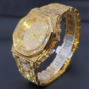 Hip-Hop Watch with Massive Sparkling Full Diamond Square Octagonal Royal Wristwatch Oak Inlaid with Diamonds Quartz Watch for Men