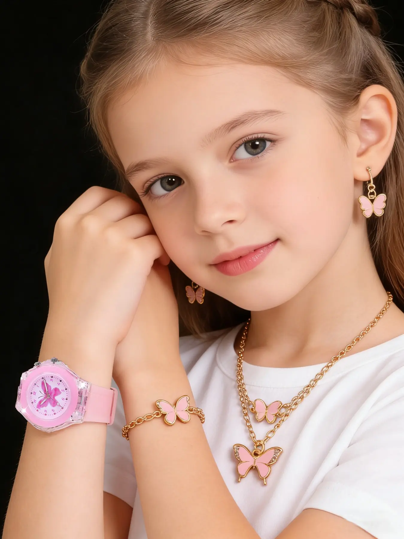 Cute Fashion Silicone Butterfly Glowing Quartz Wrist Child Watch Set, Butterfly Bracelet Necklace Earrings Jewelry, Best Birthday Gift for Kids