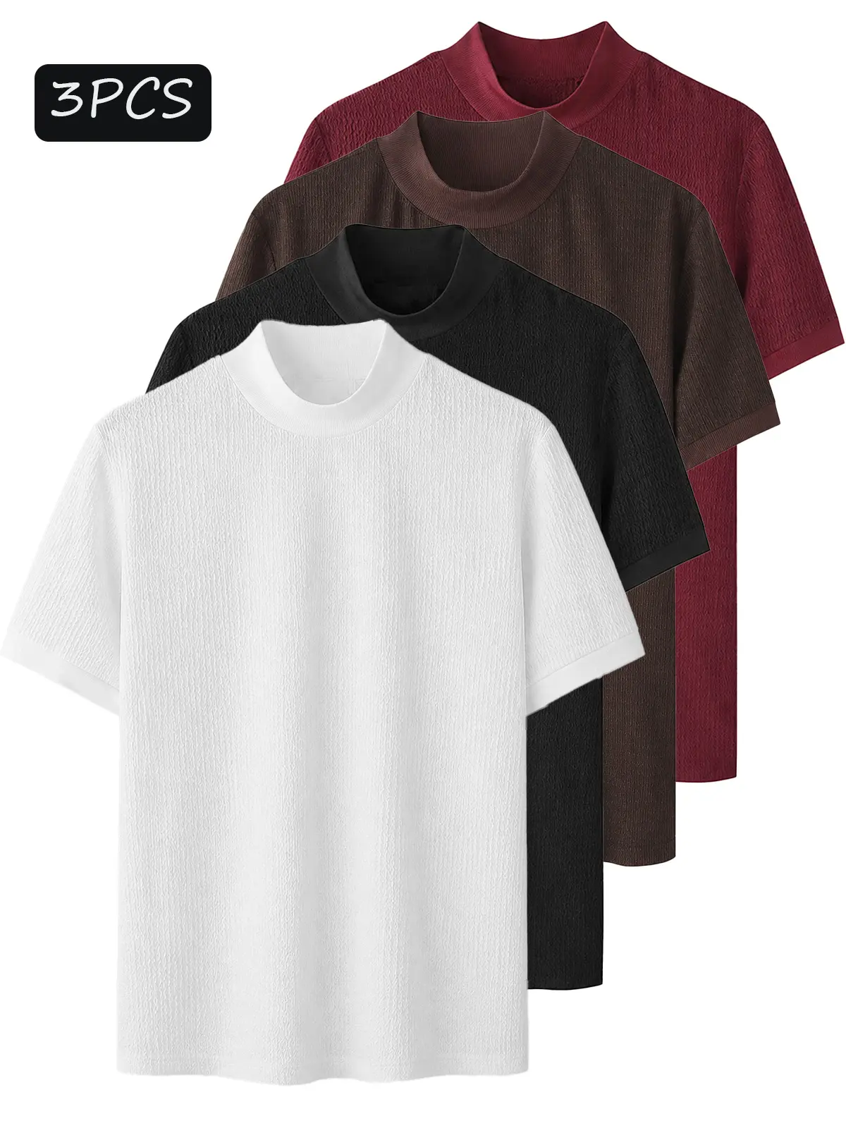 Men’s Wave Textured Knit T-Shirt, Minimalist Mock Neck Short Sleeve Top, Premium Ripple Texture Slim Fit Casual Shirt for Summer Streetwear, Travel & Daily Wear