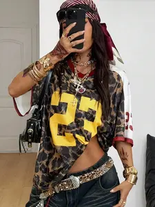 Women's Summer Festival Vintage Streetwear Sportswear Number Printed Oversized Baseball Jersey T-Shirt,Leopard Print Top,Autumn Clothes,Cheetah Print Top,Leopard Print Top