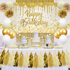 Gold Birthday Party Decorations Set for Women Girls - Happy Birthday Banner, Backdrop, White Balloons, Tassel Curtains, Dot Tablecloth - Party Supplies