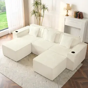 105" Cloud Couch, White Modern Sectional Couch for Living Room, L/U-Shaped Corduroy Boneless Sofa with Deep Seat, 2 Ottomans, No Assembly Required