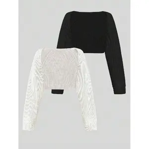 Ciel Fashion 2pcs Solid Color Ribbed Knit Shawl Cardigan & Long Sleeve Top