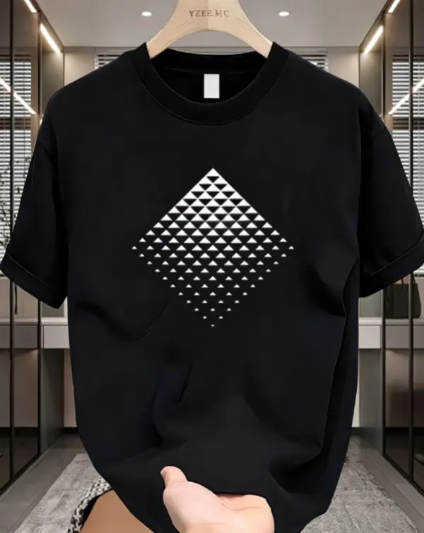 Crew Neck Graphic T-Shirt, Minimal Gradient Triangle Diamond Chest Tee, Simple Geometric Dot Array Abstract Short Sleeve, Soft Cotton Loose Fit Top, Unisex Modern Minimalist Casual Streetwear Outfit for Men
