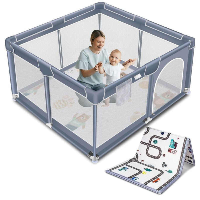 Baby Playpen with Anti-Slip Mat, Indoor&Outdoor Playard Kids Activity Center with Gate, Sturdy Safe Baby Fence for Infants & Toddlers, 2 Pull Rings for Baby Standing & Walking Learning