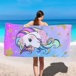 1pc colorful unicorn beach towel features star and flower patterns. It's quick-drying, soft, sand-resistant, and highly absorbent, making it suitable for both men and women and ideal for outdoor activities such as swimming.