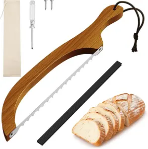 16 in Walnut Wood Curved Bow Bread Cutter - Ultra-Sharp Serrated Stainless Steel Blade, Left/Right Adjust, for Homemade Sourdough, Bagels, Baguettes