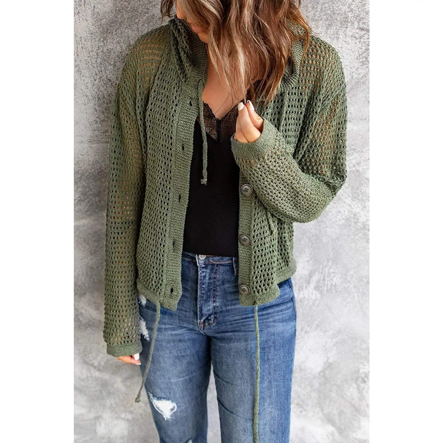 Button-Up Drawstring Detail Openwork Hooded Cardigan