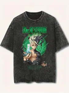 Dr Stone Anime T Shirt Vintage Wash, Senku Ishigami Science Graphic Tee, Japanese Manga Streetwear Shirt