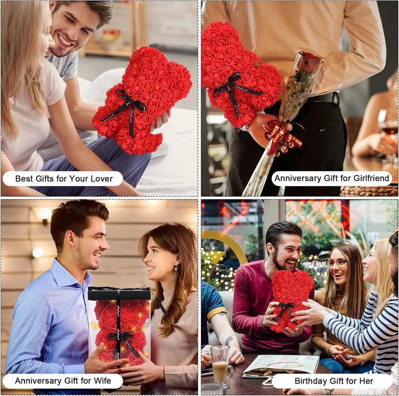 Rose Bear Christmas Flower Gifts for Her, Rose Teddy Bear with Lights, Cute Teddy Flower Bear, Birthday Gifts for Girl, Cute Romantic Gifts for Wife Girlfriend with Transparent  Box and Love Card