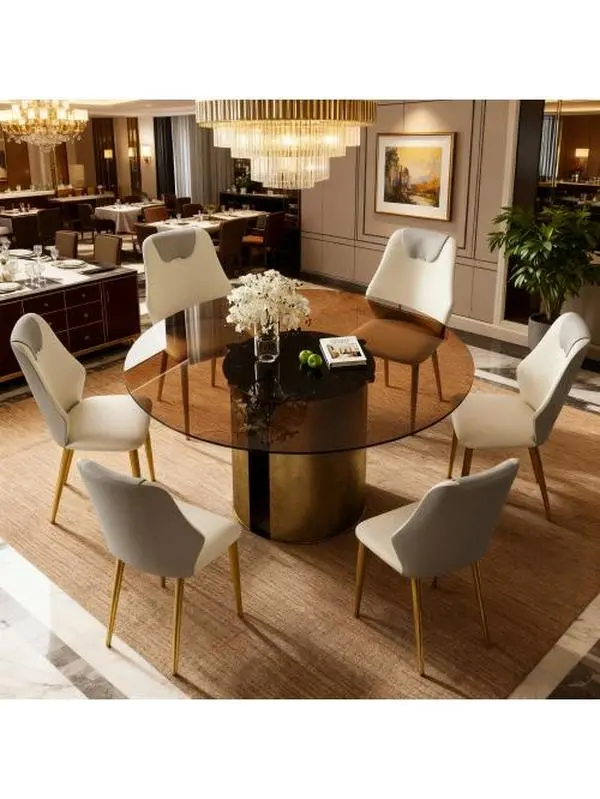 Bellemave 59-in Modern Round Dining Set - 59x59x28.7 in Brown Glass Tabletop, Antique Copper Carbon Steel Leg Base, 59-inch Dining Table + 6 Chairs, Assembly Required for Family Kitchen & Living Room